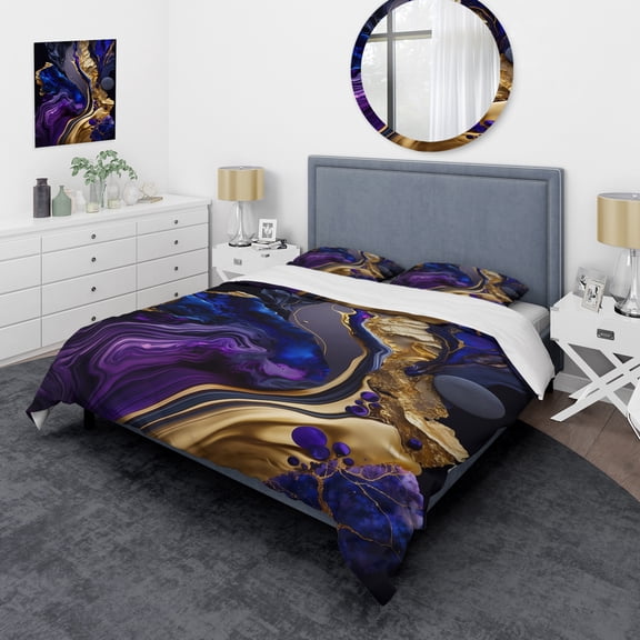 Designart "Purple & Blue Marbled Geode" Abstract Liquid Ink Bedding Covert Set - Modern Purple Abstract Bed Set With 2 Shams