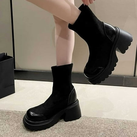 

POROPL Women s Ankle Boots & Booties Winter Thick Heels Combat Boots Solid Color Round Toe Plus Size Chunky Booties for Lady Black Size 35(US:5)