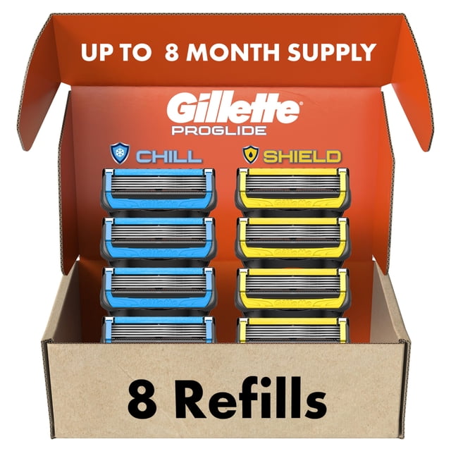 Gillette Mens Razor Blade Refills, 4 ProGlide Chill Cartridges, 4 ProGlide Shield Cartridges, Shields against Skin Irritation, Cools to sooth skin, 8