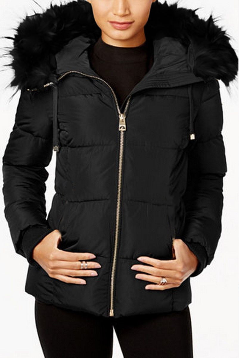 GUESS Womens Knee Length Heavy Puffer Coat with Faux Fur Trimmed Hood