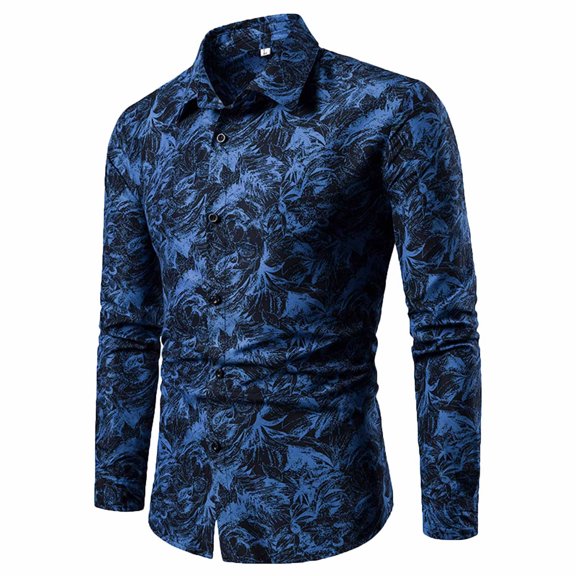 IROINNID On Sale Long Sleeve Shirts for Men Loose Pattern Button Turndown Top Blouse Shirt,Blue