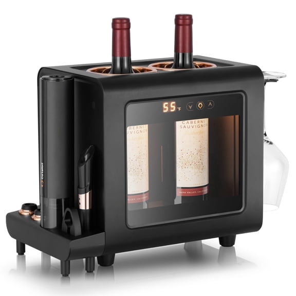 Ca'Lefort 3-in-1 Mini Wine Coole Refrigerator, 46-64°F Electric Wine Chiller Set for 2 Bottles with Electric Opener & 2 Glasses for Home/Bar/Camping