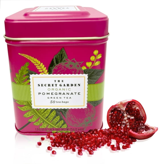 Secret Garden Organic Pomegranate Ceylon Green Tea - 50 Packets - Natural Antioxidant Rich Herbal Leaf Teabags - USDA Certified 100% Organic and Non-GMO - Caffeinated