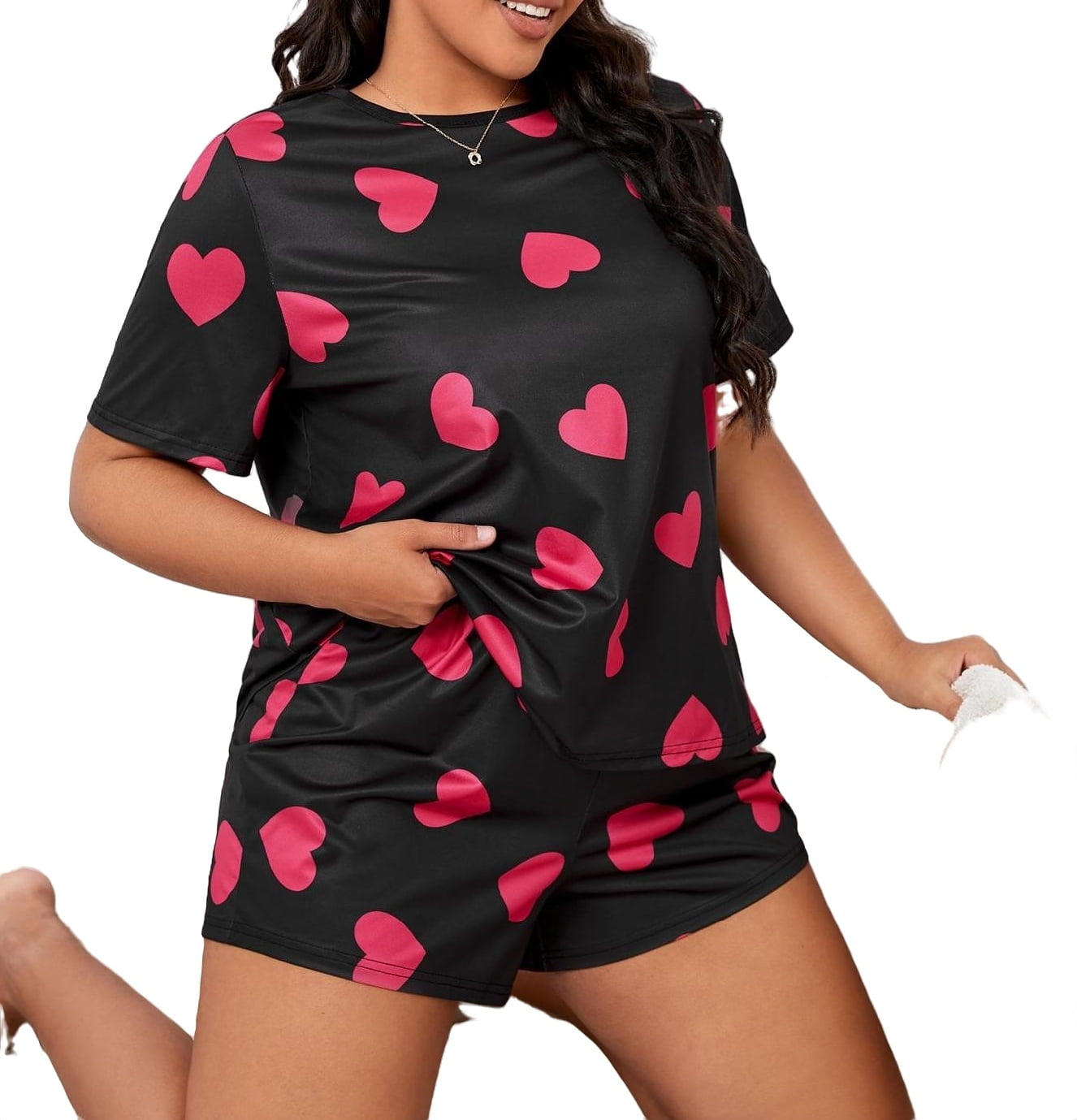 Black Casual All Over Print Round Neck Short Sets Short Sleeve Plus