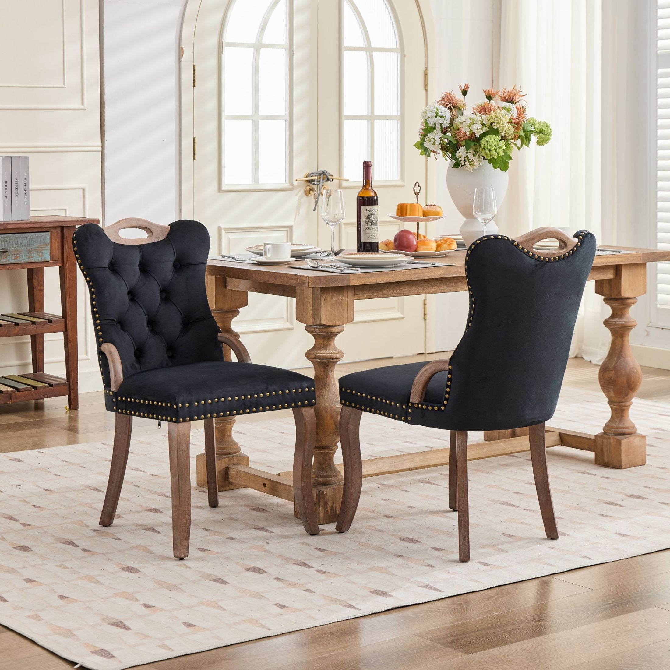 GDF Studio Set of 2 Dining Chairs with Tufted Velvet Upholstery, Copper Nailhead Trim, Black