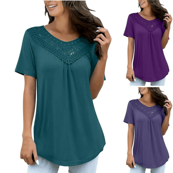 Akafmk Plus Size Womens Summer Tops,Short Sleeve Tops for Women,Fashion Casual Solid Color T-Shirt Patchwork Lace Loose Tunic Blouse