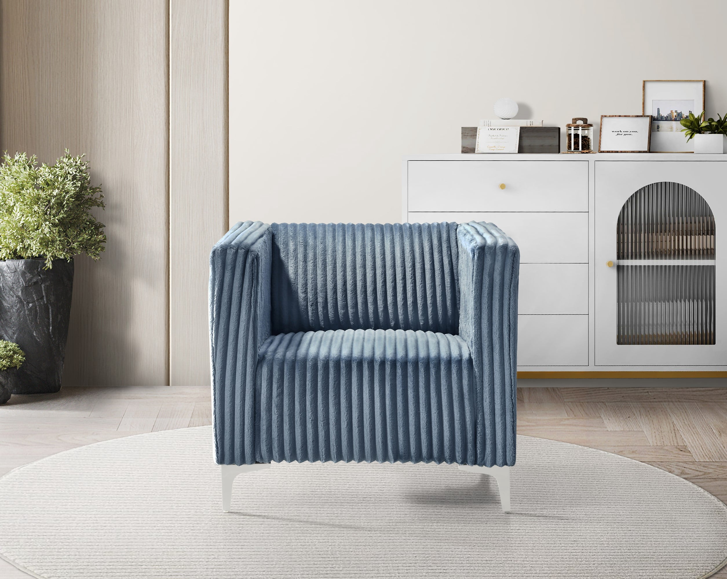 Home Design Gavin Velvet Square Arm Chair with Plush Cushions and Modern Upholstery, Durable Frame for Living Room, Contemporary Blue Design