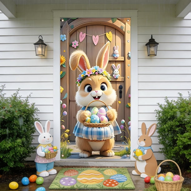 CaiYueKe Easter Door Cover Curtain Decoration for Spring Holiday Party, Bunny Egg Themed Hanging Door Banner Wall Decor, Festive Home Indoor Outdoor Welcome Sign with Religious Cross Pattern