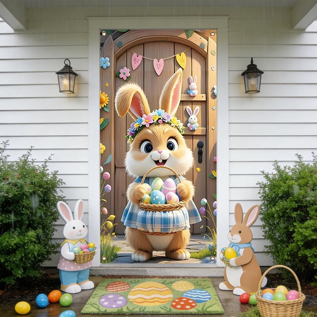 Easter Door Curtain for Front Door | 35 x 72 Inch Spring Holiday Decoration with Rope & Tape | Colorful Polyester Wall & Table Cover for Party & Home Decor