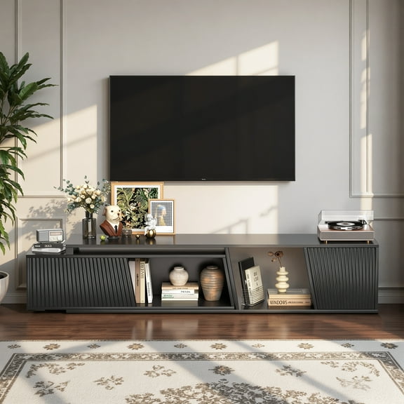 Opohoro Extendable TV Stand for 110" TVs, Living Room Media Console with Reversible Storage Cabinets & Adjustable Length 71"-106", Black