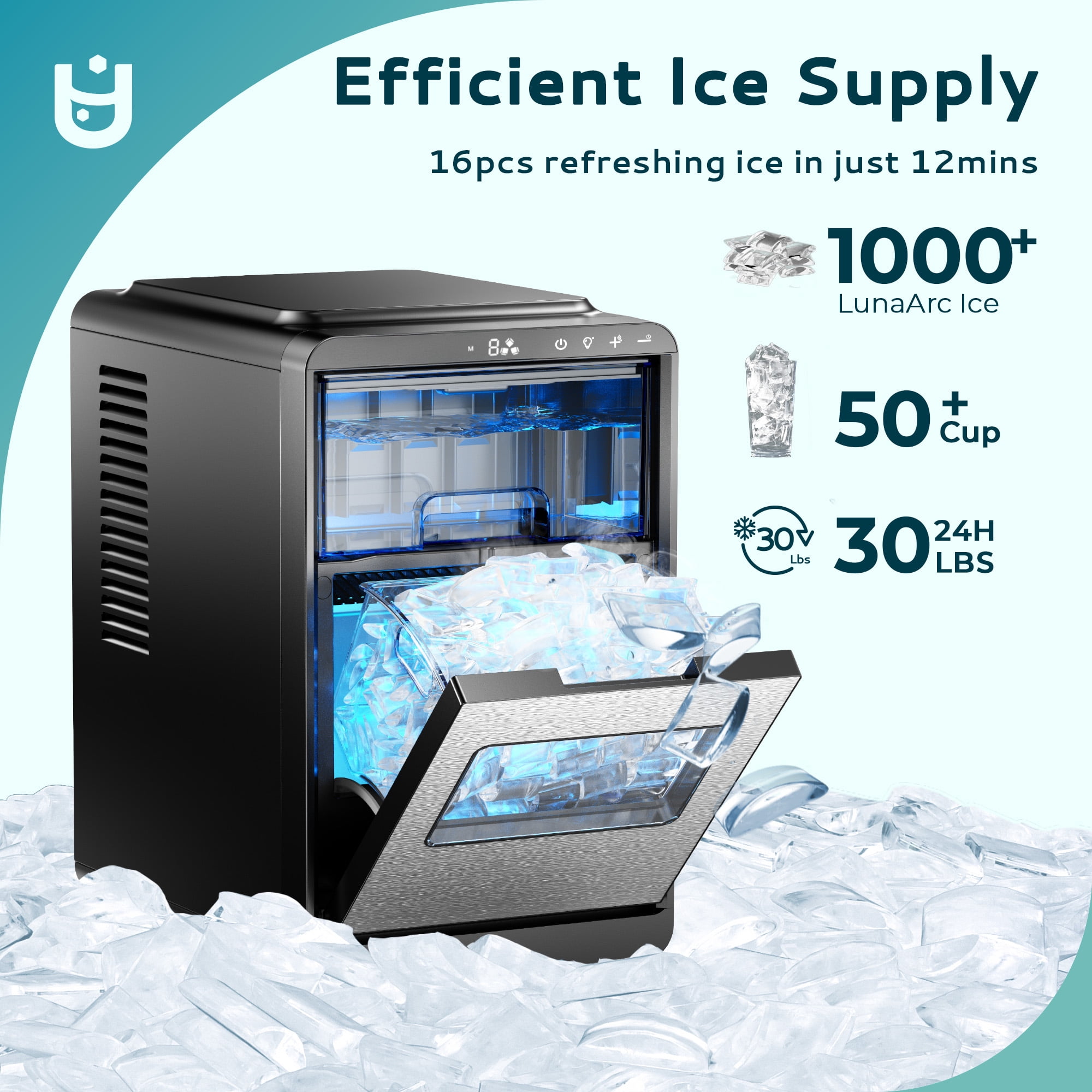 EUHOMY 30lbs Crescent Ice Maker, 1500 Cubes/Day, Ice Machine with Auto Cleaning, Dual-Side Tech, Timer, Black