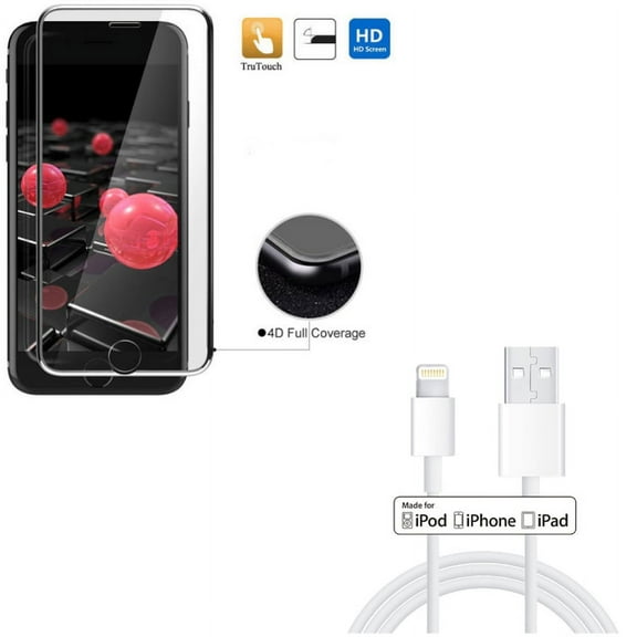 iPhone 8/7/6S/6 - Certified 6ft MFi USB Cable w Tempered Glass Screen Protector - Charger Cord Power Wire Sync Long, 4D Touch Curved Edge Full Cover Bubble Free Soft Edge Hybrid for iPhone 8/7/6S/6