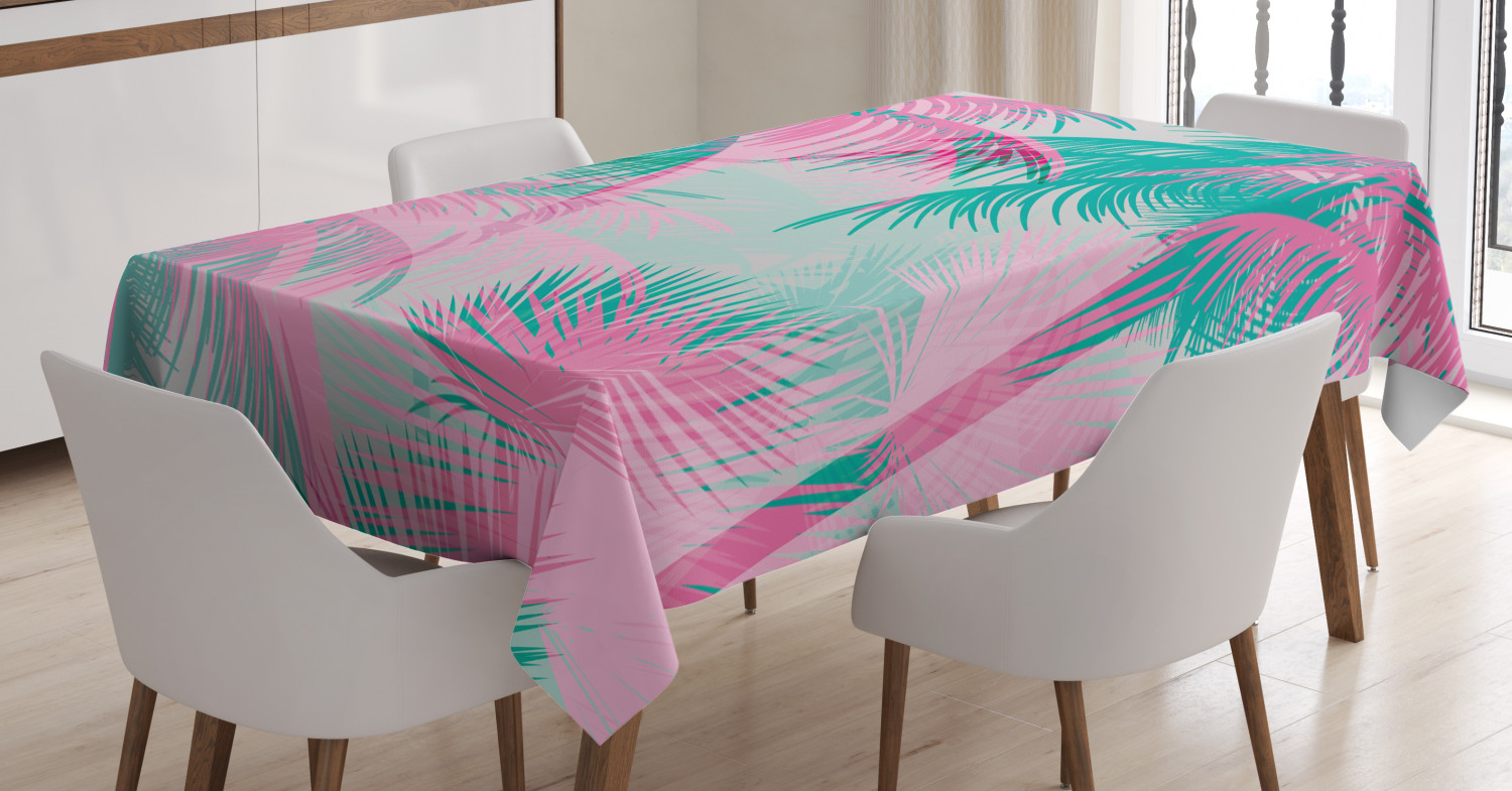 Palm Leaf Tablecloth, Beach Party Theme Vibrant Composition with Pink and Green Trees Vintage