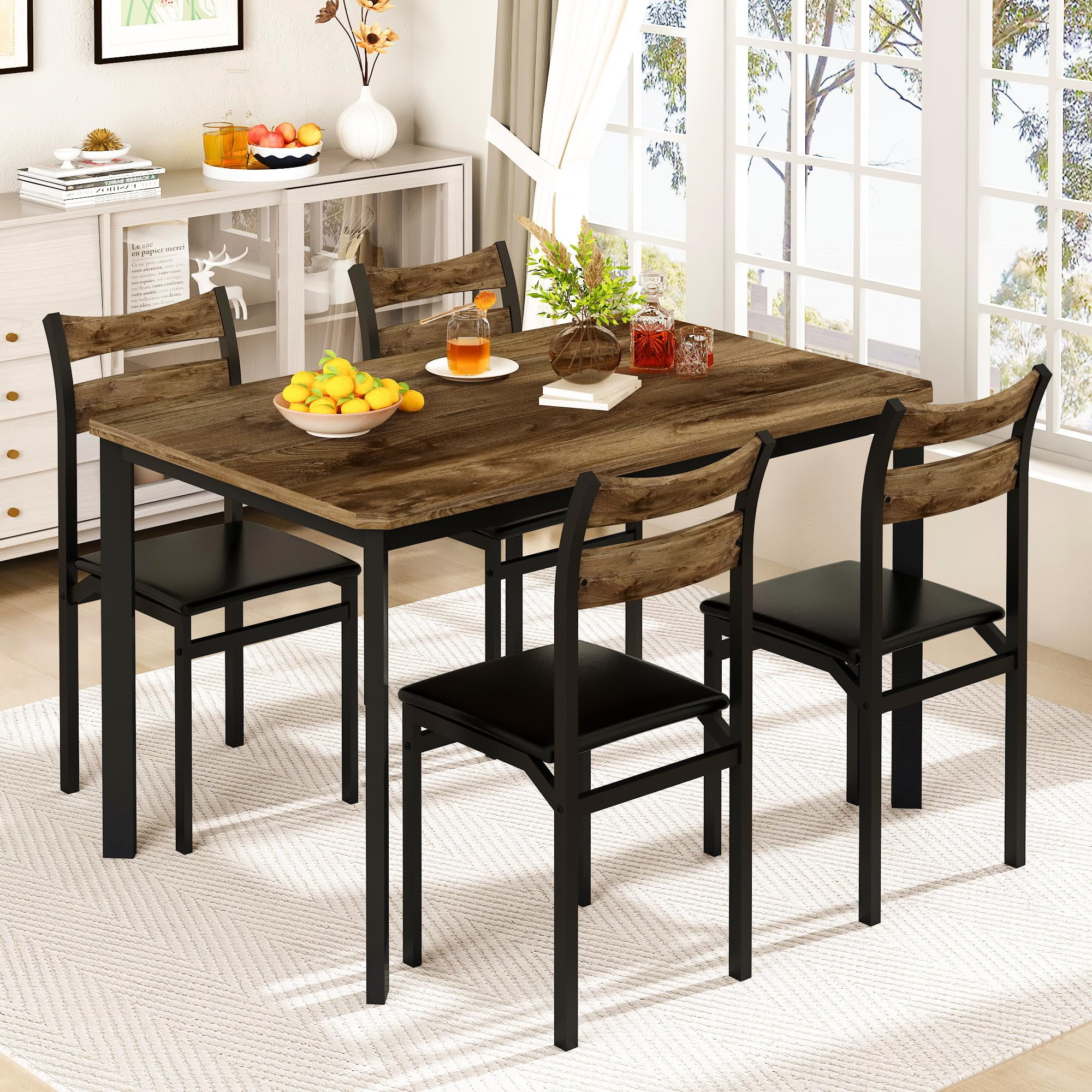 Lamerge Dining Table Set for 4, 43.3" Dining Room Table with 4 Upholstered PU Leather Chairs, Modern Wood Kitchen Table and Chairs Set, 5-Piece Dinette Set for Breakfast Nook, Small Places, Brown