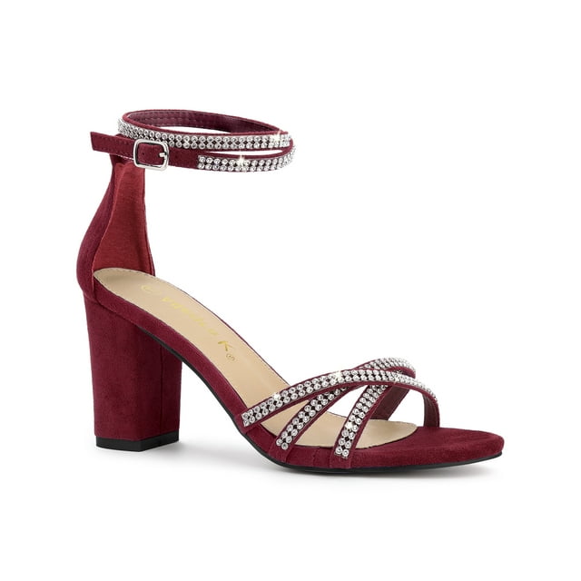 BLISSFUL STEP Women's Shoes Rhinestone Crisscross Strappy Block Heel Faux Suede Ankle Buckle Sandals Burgundy 11