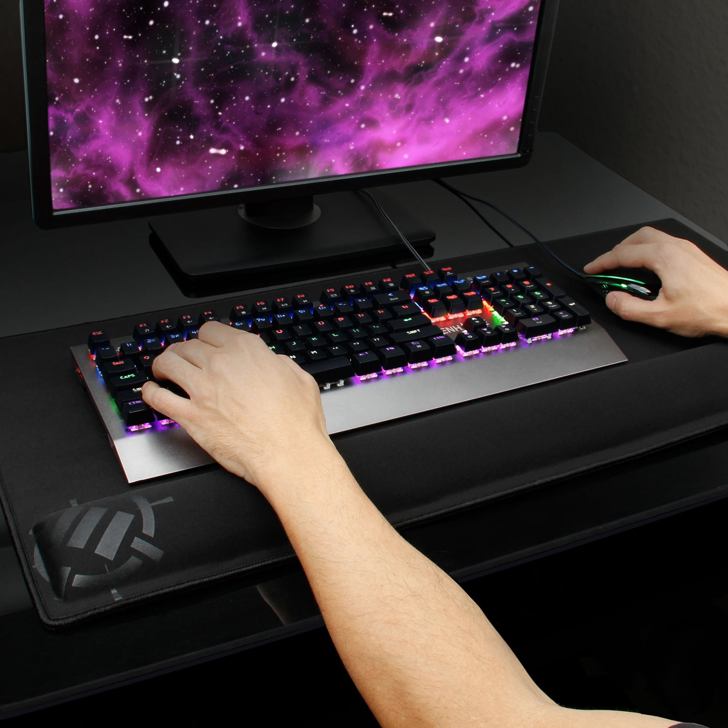 ENHANCE Large Extended Gaming Mouse Pad with Memory Foam Wrist Rest Support (31.5 x 13.78 x 1 inches) - Anti-Fray Stitching & Premium Soft Tracking Mat Surface (Black)