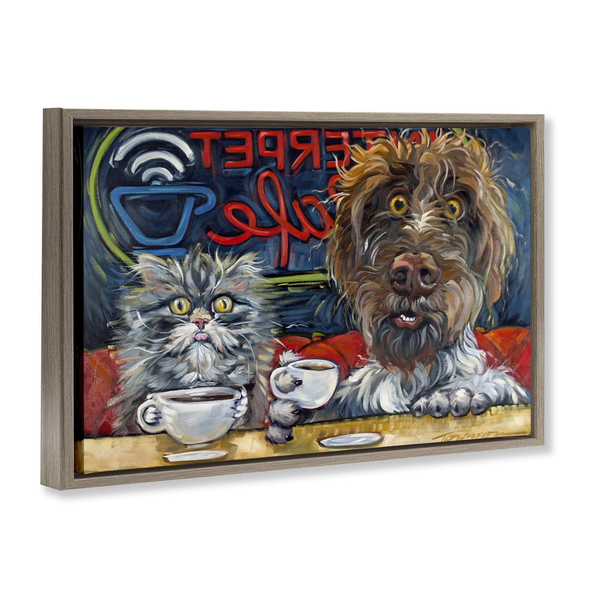 Stupell Industries Pets Wired At The Cafe Brown Framed Floater Canvas Wall Art, design by CR Townsend