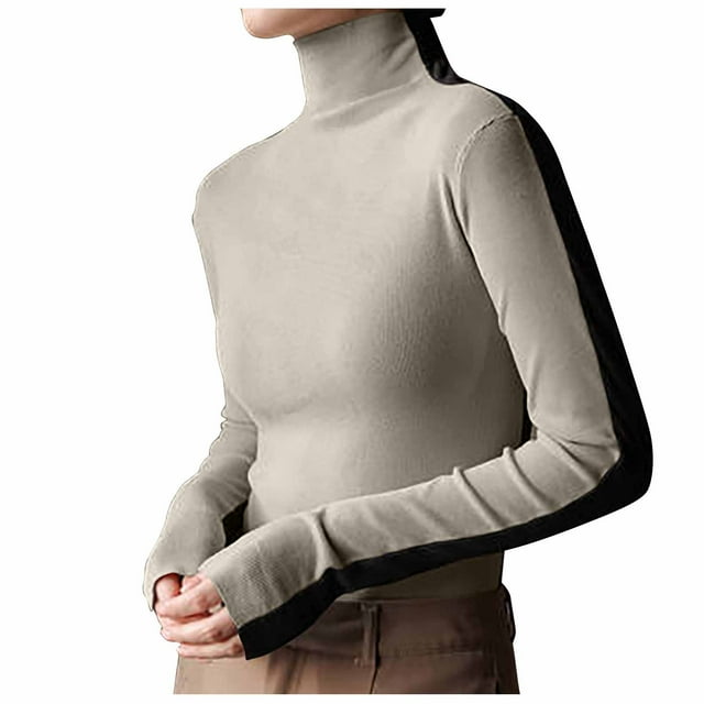 Yuyuzo Women's Long Sleeve T Shirts Turtleneck Pullover Tight Slim Tops Color Block Basic Tees Shirts