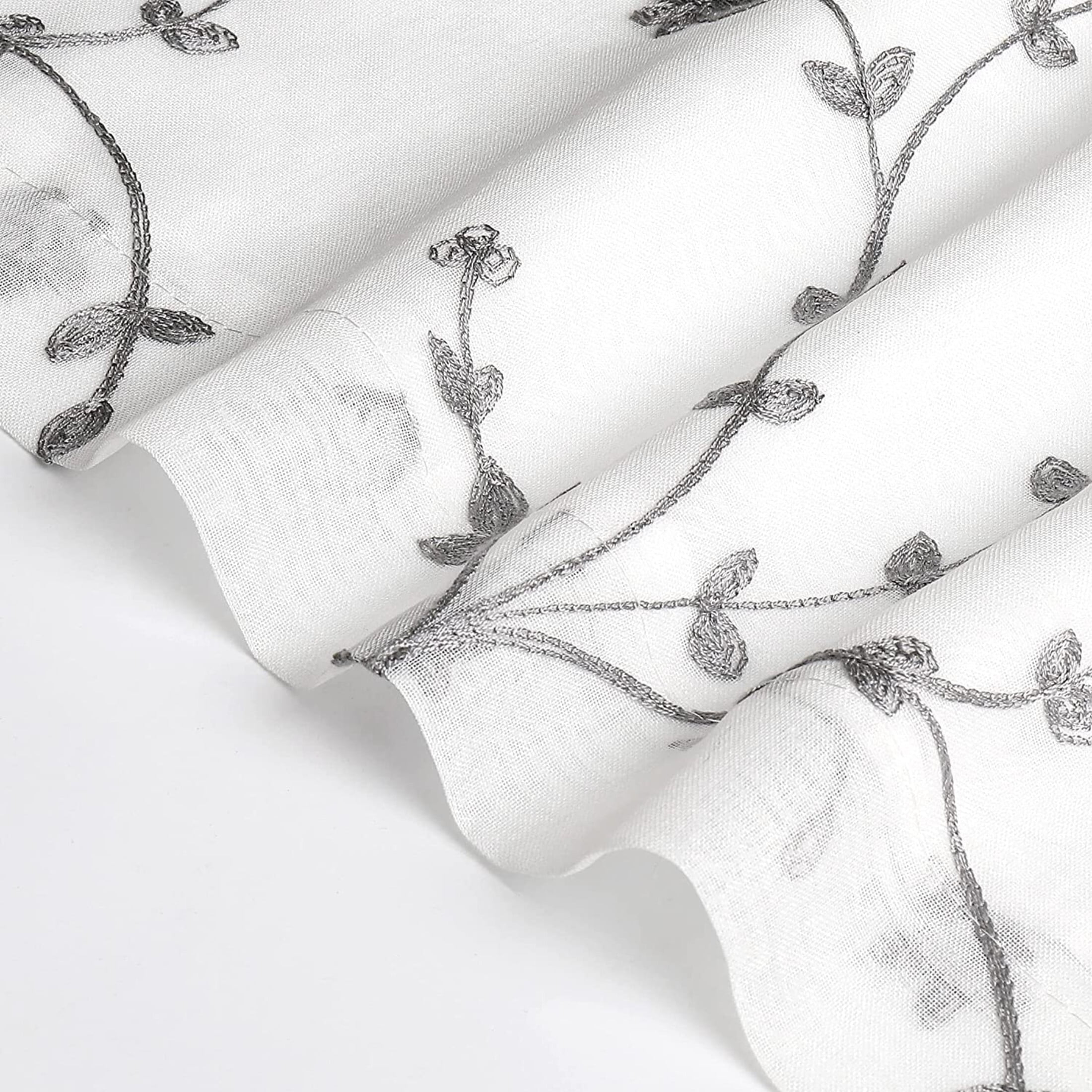 Pinewave Semi Sheer Gray Leaf Curtains Embroidery Floral White Drapes, 2 Panels