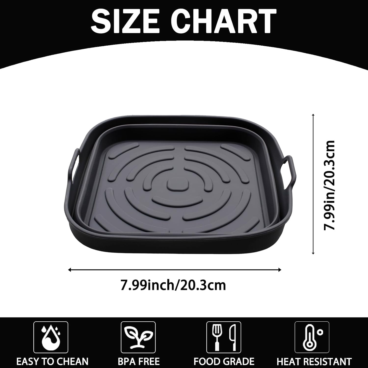 JJEAN-Silicone Square Air Fryer Liners, Airfryer Collapsible Basket, Reusable Oven Air Fryers Pot for Kitchen, 8 inches (Grey)