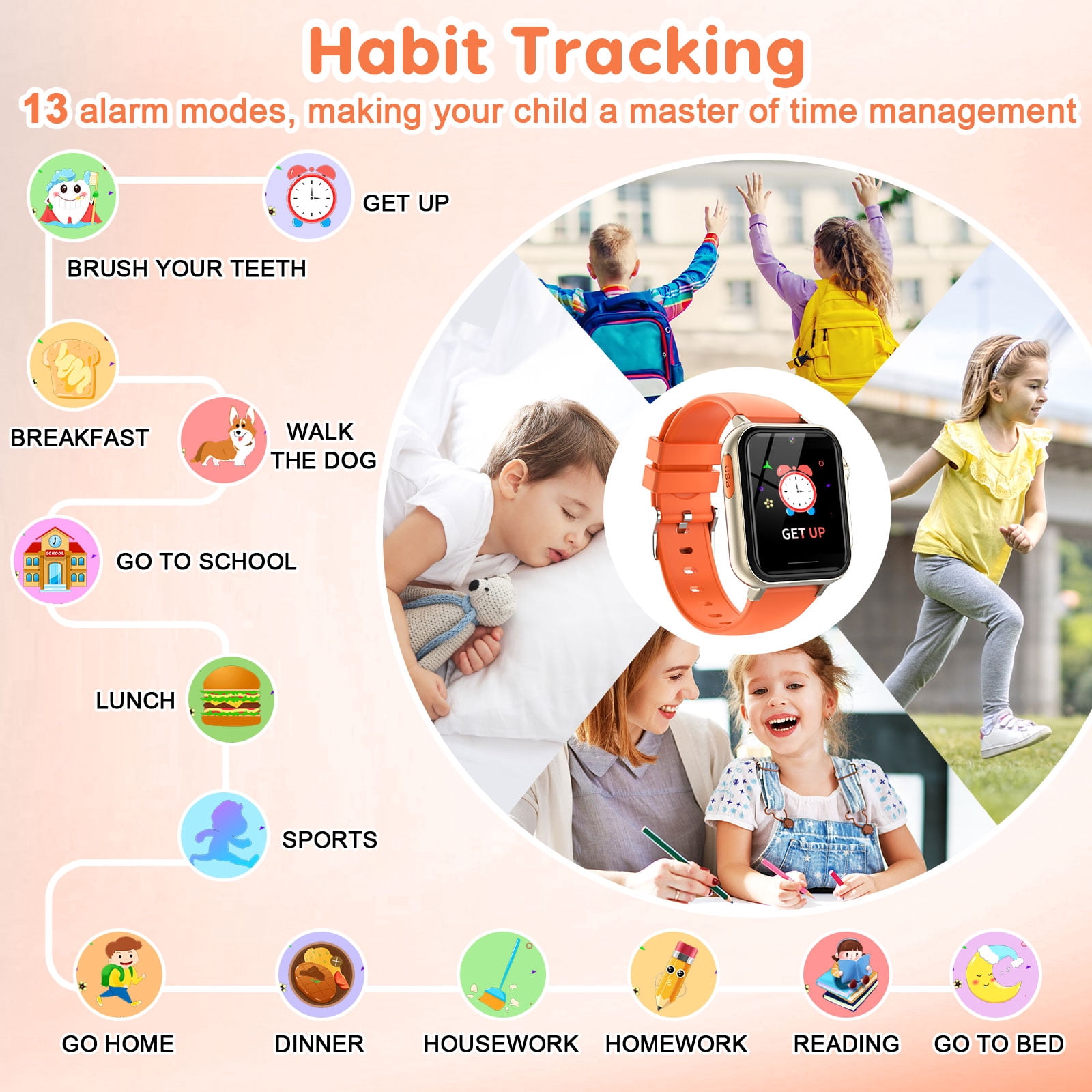 Eurhowing Kids Smart Watch Age 3-12, 31 Games, Learning Cards, HD Touch Screen, Camera, Music, Audiobook, Pedometer, Fun & Educational Birthday Gift Idea, Orange