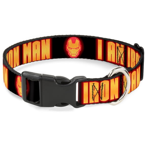 Marvel Comics Pet Collar, Dog Collar Plastic Buckle, Iron Man Face I Am Iron Man Black Yellow Glow, 7 to 8.5 Inches 0.5 Inch Wide