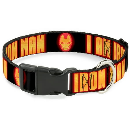 Marvel Comics Pet Collar Dog Collar Plastic Buckle Iron Man Face I Am Iron Man Black Yellow Glow 20 to 31 Inches 1.5 Inch Wide