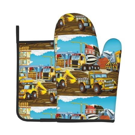 

Jgfou Different Construction Site Vehicles Pattern Oven Mitts and Pot Holders Sets Heat Resistant Oven Mittens Soft Lining Extra Thicken Long Kitchen Cotton Oven Glove for Cooking