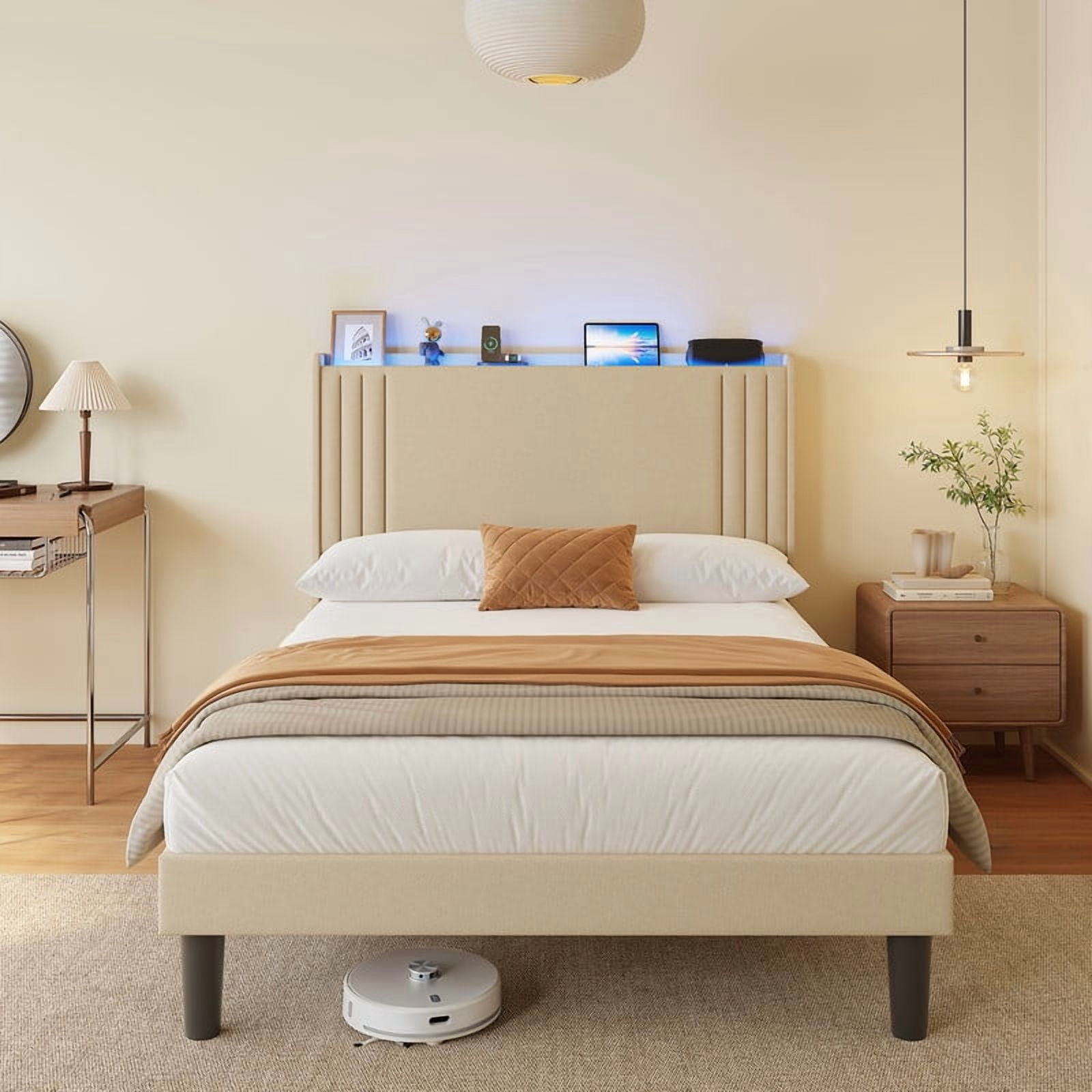 Luxury Wingback Upholstered Platform Bed Frame, Noise-Free & Sturdy, No Box Spring Required, Full Size Bed Beige