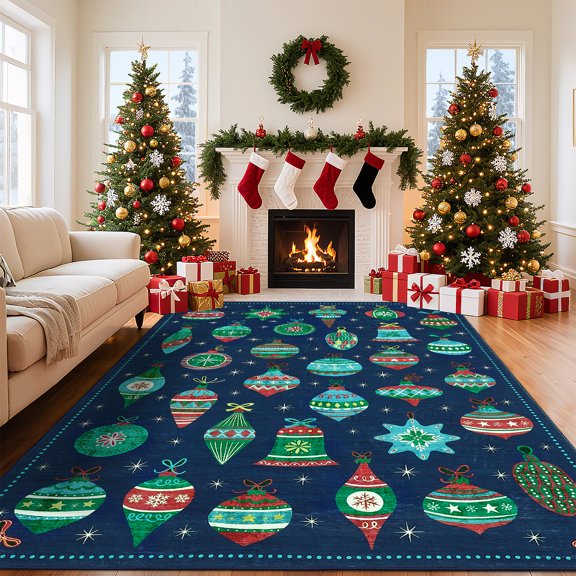 FairOnly Blue 2'x8'Retro Christmas Runner Rug with Colorful Festive Ball Pattern Ultra Thin Washable Non Slip for Living Room Kitchen Entryway
