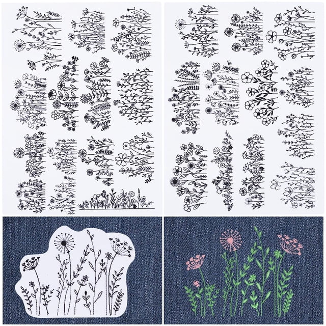 2 Sheets Flowers Grass Water Soluble Embroidery Patterns Stabilizers Hand Sewing Stick and Stitch Transfers Fabric Wash Away Pre-Printed Self Adhesive for Bags Cloth Sewing Lovers