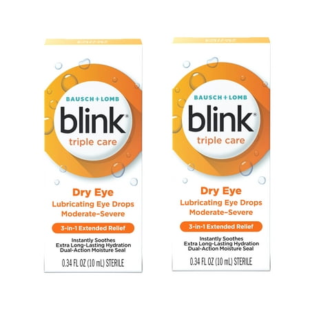 2 Pack - Blink Triple Care Lubricating Eye Drops – Long-Lasting Hydration for Moderate to Severe Dry Eyes, Moisturizes & Soothes with Hyaluronate, 0.34 Fl Oz