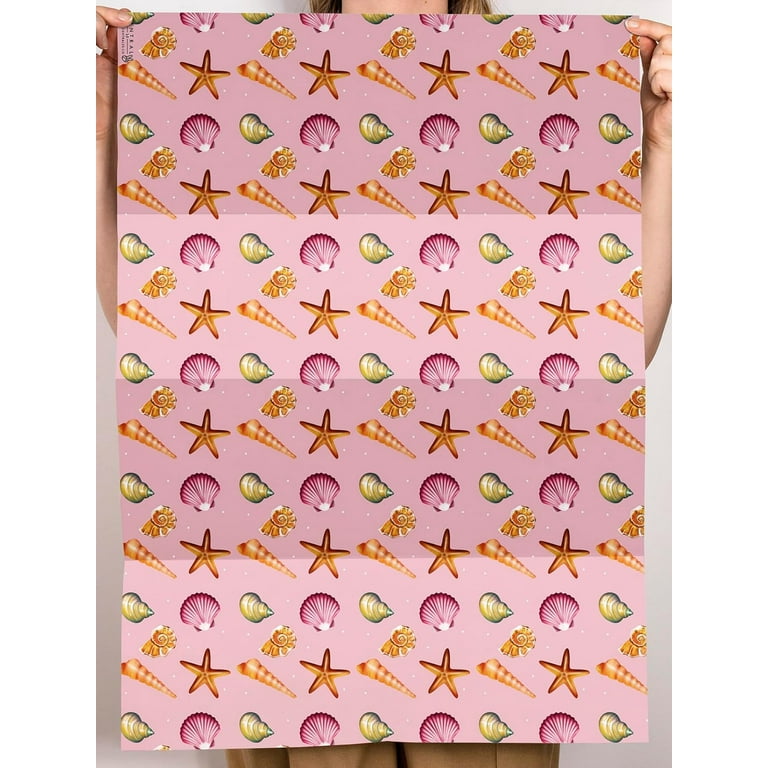 Pink Wrapping Paper - Trendy Gift Wrap for Female - Shells and Starfish -  Beach Themed - Bridal Shower Birthday - Recyclable 