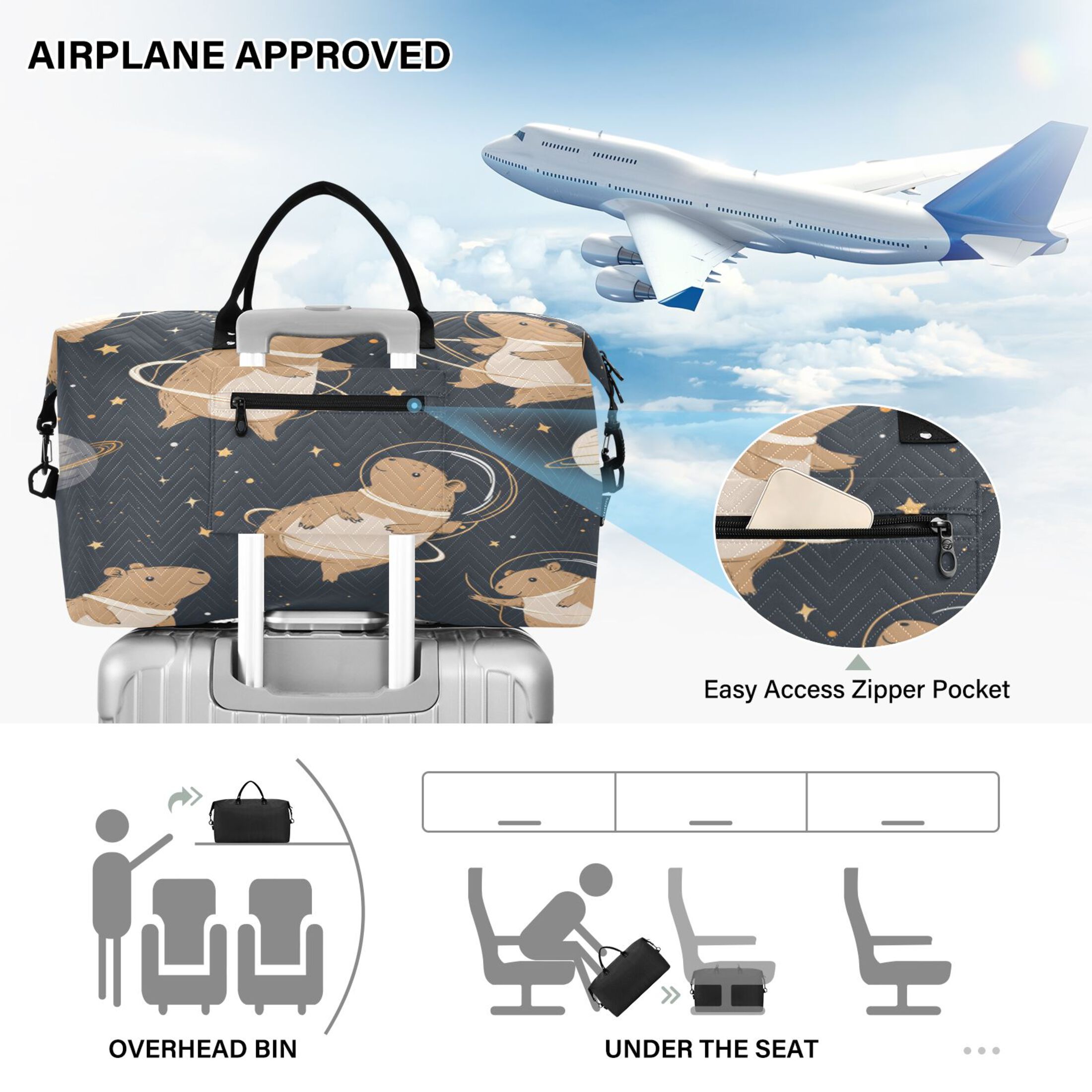 Travel Duffel Luggage Bag Sports Duffle Bag Gym Bag with Zipper Capybara Astronauts