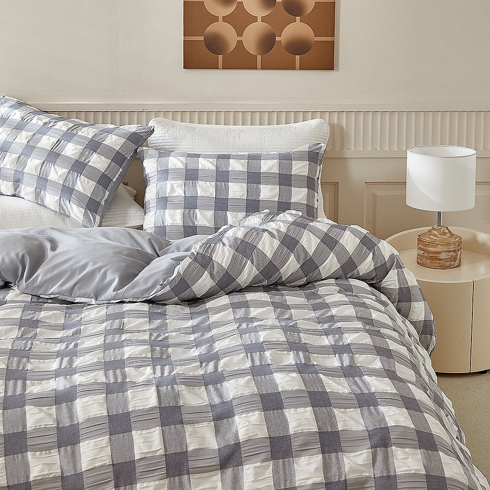 YELEE Grey Queen Size Duvet Cover Bedding Sets Plaid Breathable 3 Pcs Comforter Cover 90"x90" with 2 Comfy Pillowcases