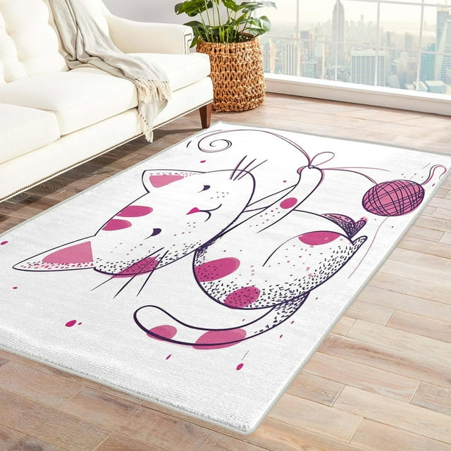 Cat Rugs Room Decor - 4x5 Rug - Cat Rug - Cute Purple Kitten Area Rug - Kids Girls Rugs - Kawaii Animal Carpet