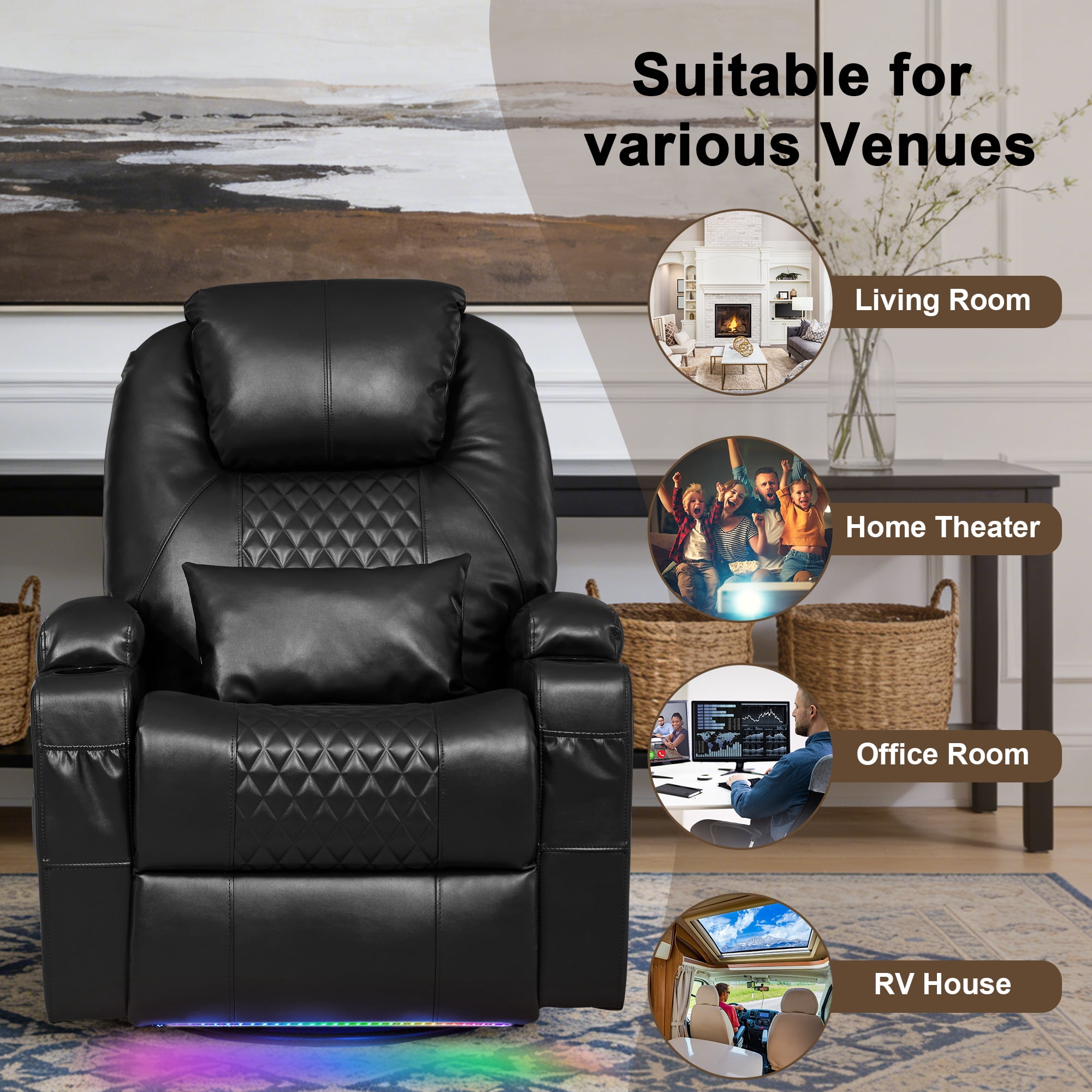 Dual Motor Power Swivel Rocker Recliner Chair for Adults with Heat and Massage, Electric Wall Hugger Rocking Recliner for Nursery Living Room with LED Lights, USB A&C Ports