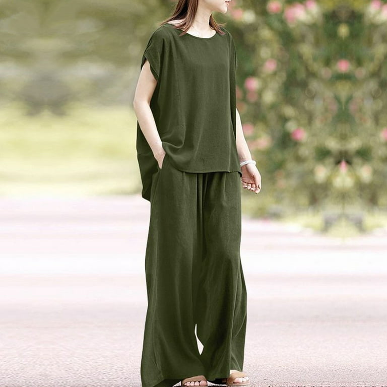 QUYUON Womens 2 Piece Outfits Casual Loose Short Sleeve Crew Neck Tops  Summer Wide Leg Pants Two Piece Lounge Sets Vacation Outfits Long Trousers Pants  Sets Loungewear Army Green 4XL 