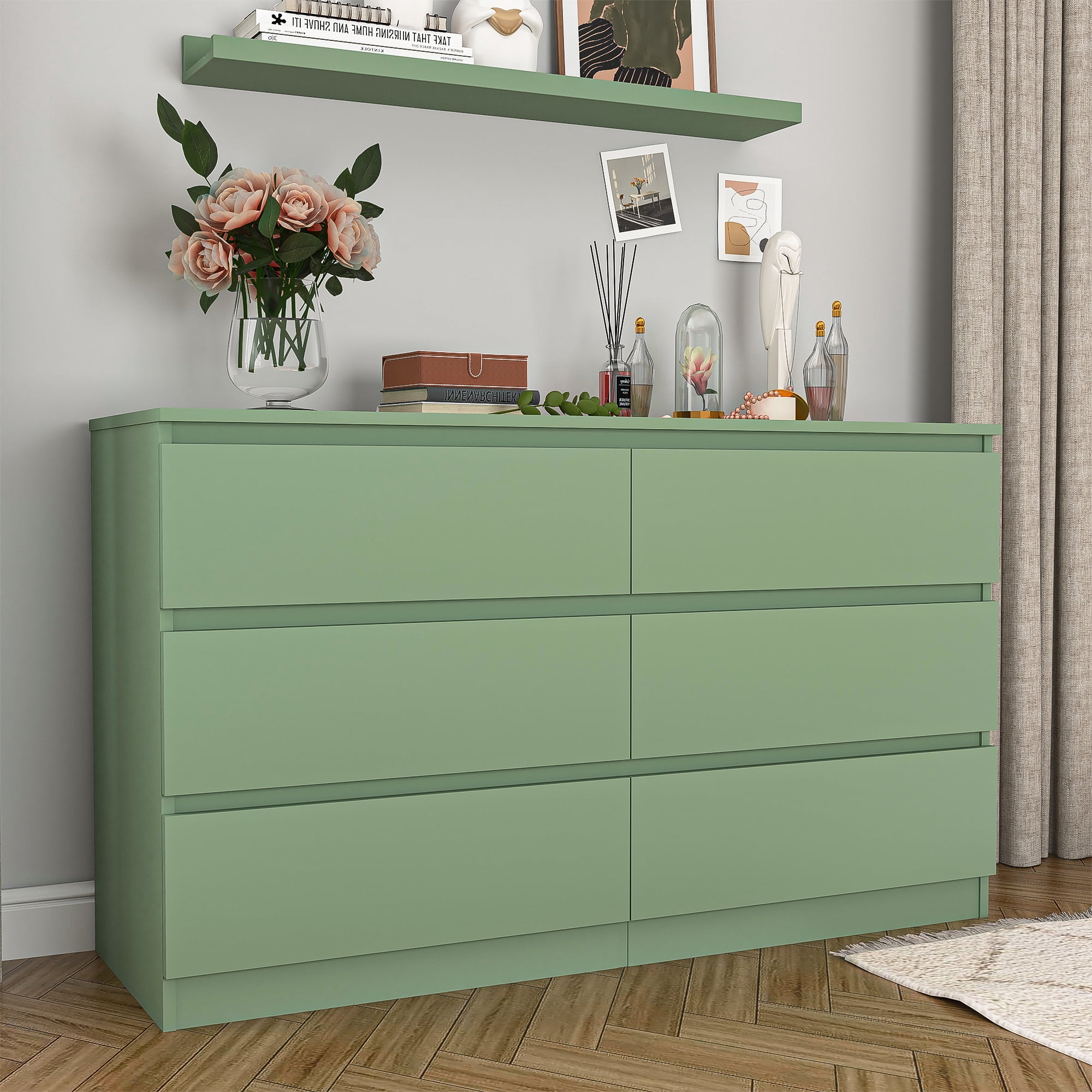 Kadyn Green Chest of Drawer, 6 Double Drawer Dresser for Bedroom, Modern Storage Cabinet for Living Room, Nursery Dresser Kadyn Green Chest of Drawer, 6 Double Drawer Dresser for Bedroom, Modern Storage Cabinet for Living Room, Nursery Dresser