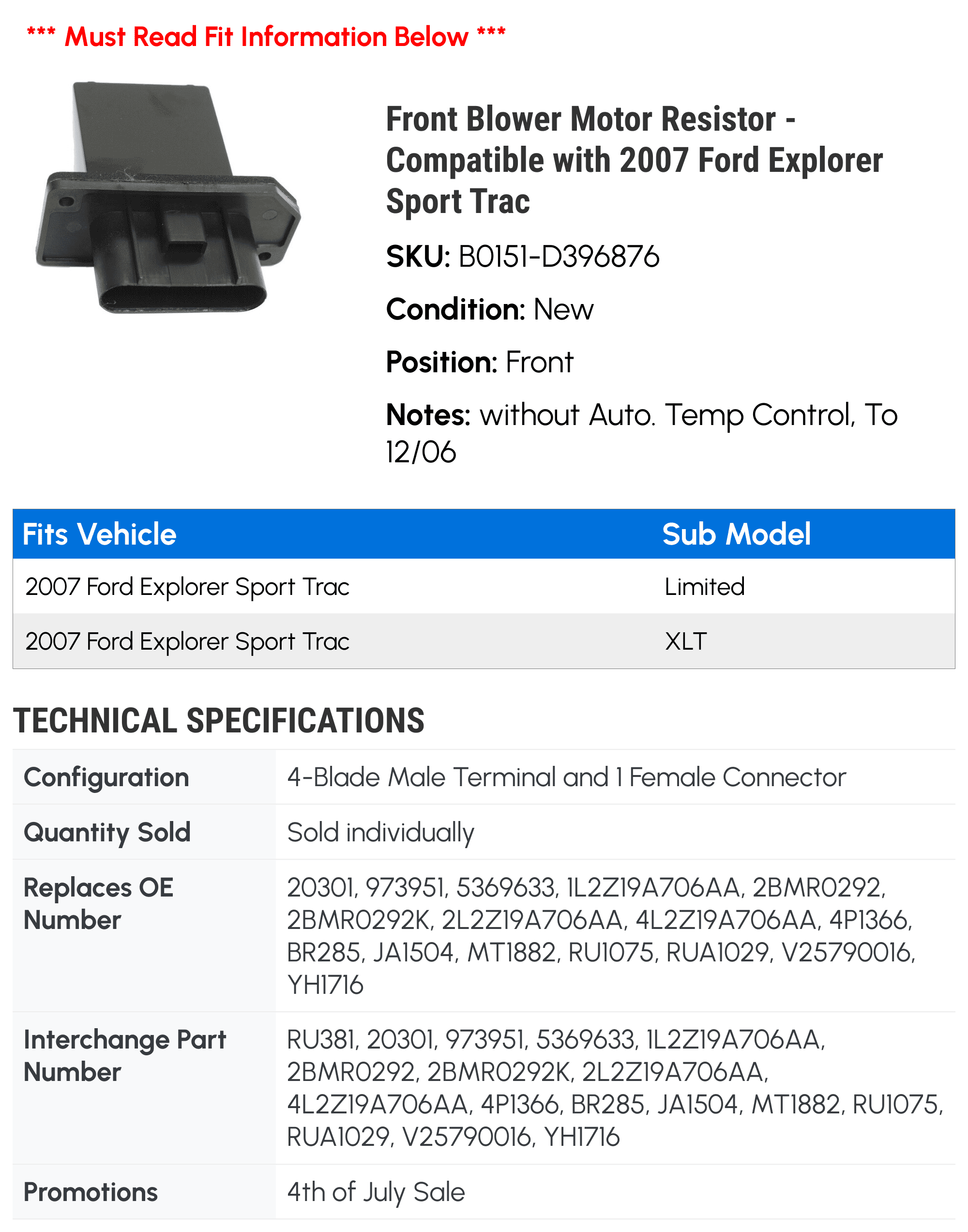 Front Blower Motor Resistor - Compatible with 2007 Ford Explorer Sport Trac