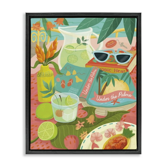 Stupell Industries Tropical Drinks on Beach Food & Beverage Painting Black Floater Framed Canvas Art Print Wall Art, 17 x 21