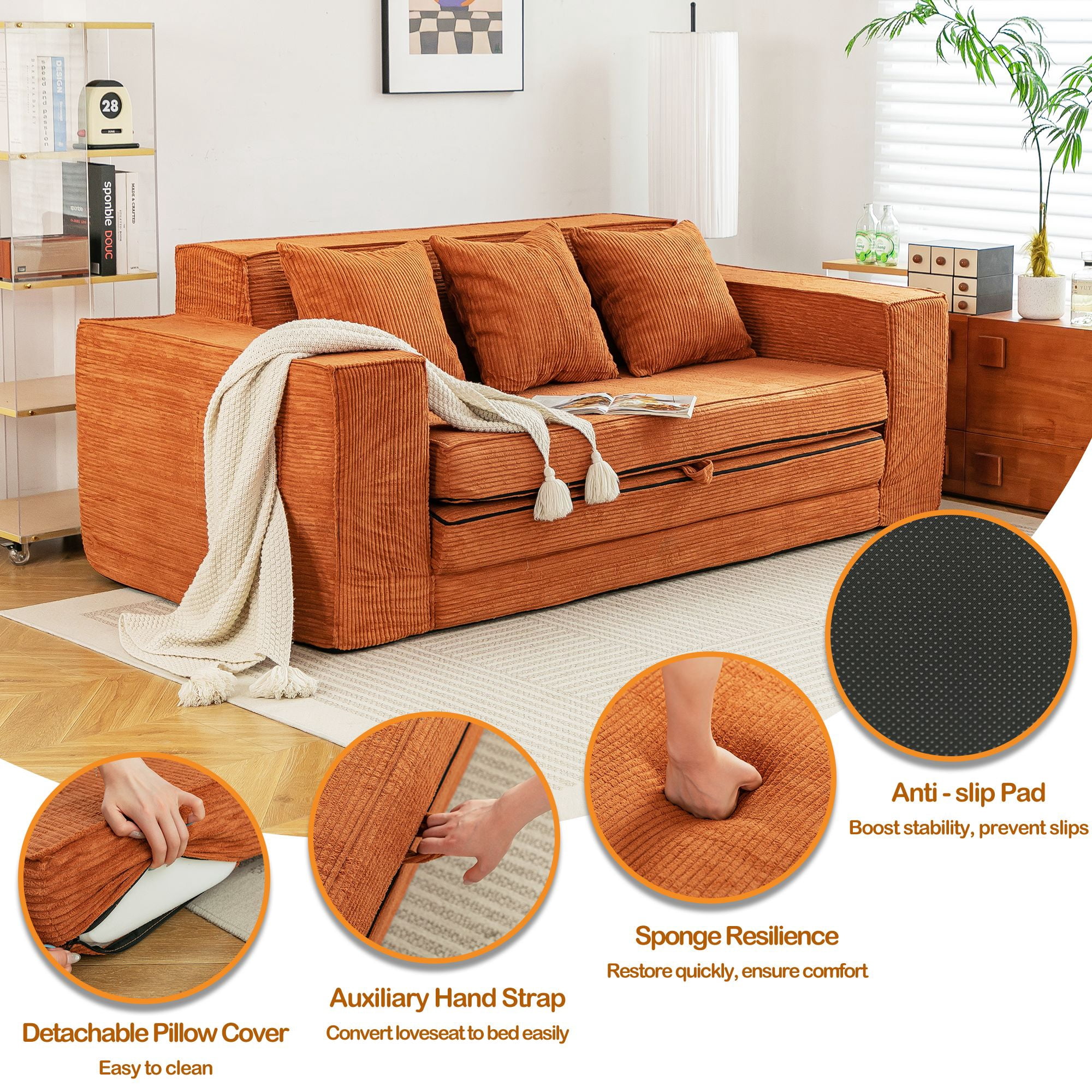 Vicluke Memory Foam 3 Seater Sofa Couch, Convertible Sleeper Sofa Bed w/Corduroy Fabric, Side Pockets, Foldable Upholstered Compressed Sofa Bed for Living Room, Apartment No Assembly Required (Tan)