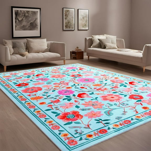 GUUCHA 6'x9'Area Rugs for Living Room Floral Print Rug Floor Carpet for Bedroom,Blue