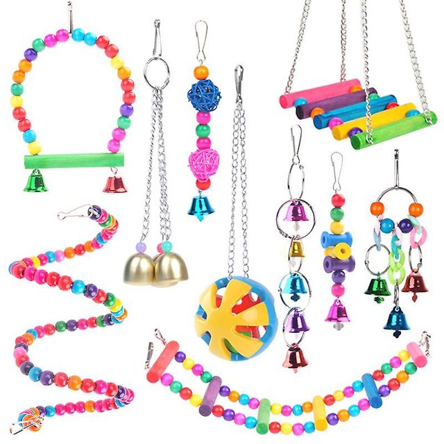 10piece set Juego de juguetes para pájaros, columpio, escalera, percha, campana, bola para periquito, periquito, cacatúa, guacamayo