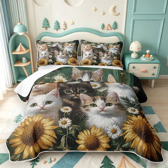 meiyoeat Cute Animal Cat Twin Quilt Set,Retro Rustic Floral Sunflowers Twin Coverlet Set For Girls,2-Piece,1 Bedspread and 1 Pillowcase
