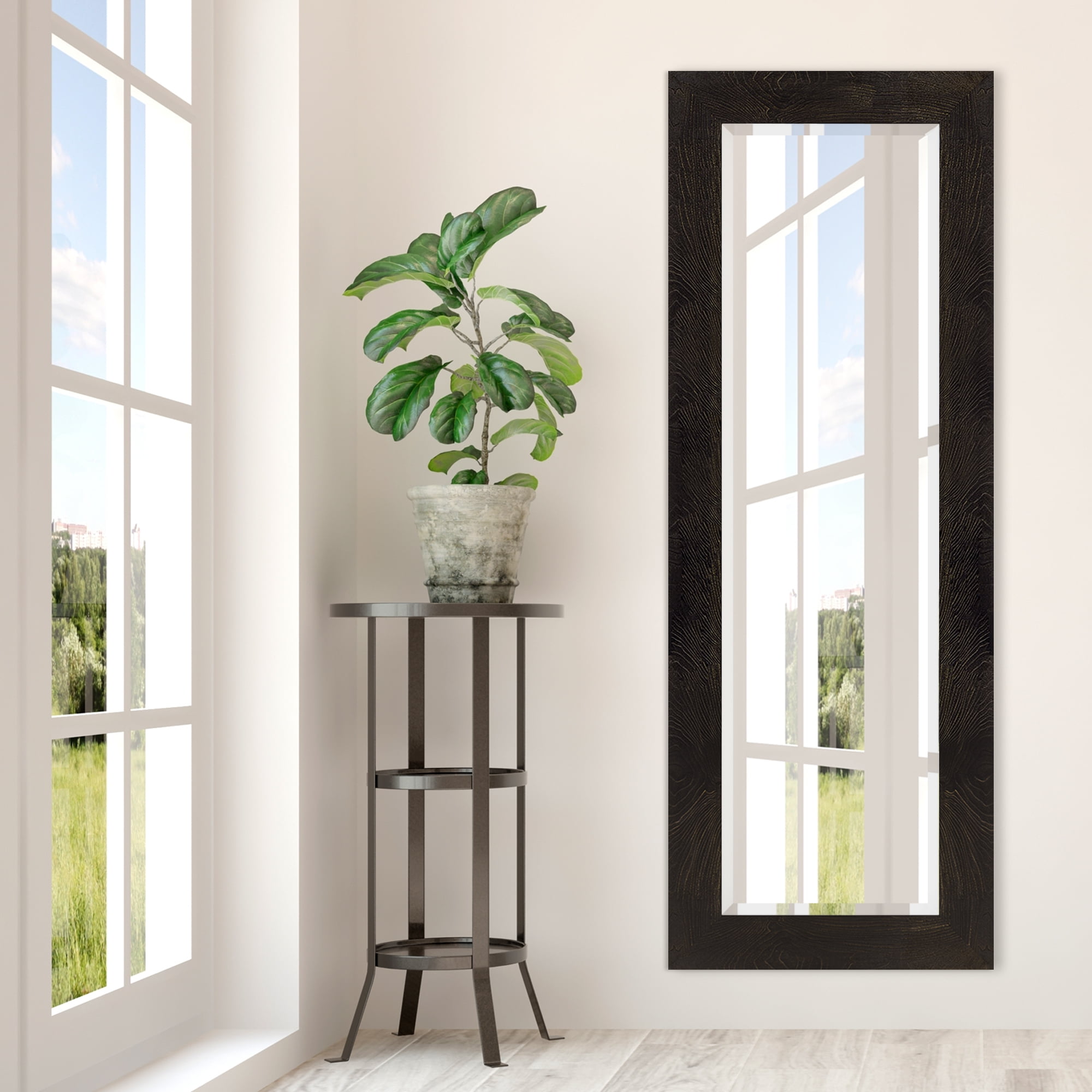 Black and Bronze Woodgrain Framed Beveled Wall or Leaner Mirror 16"x57