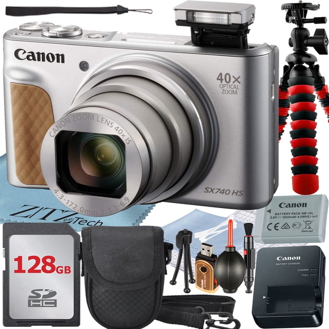 Canon PowerShot SX740 HS Digital Camera (Silver) with 40x Optical Zoom Lens + 128GB Memory Card + Case + ZeeTech Advanced Bundle