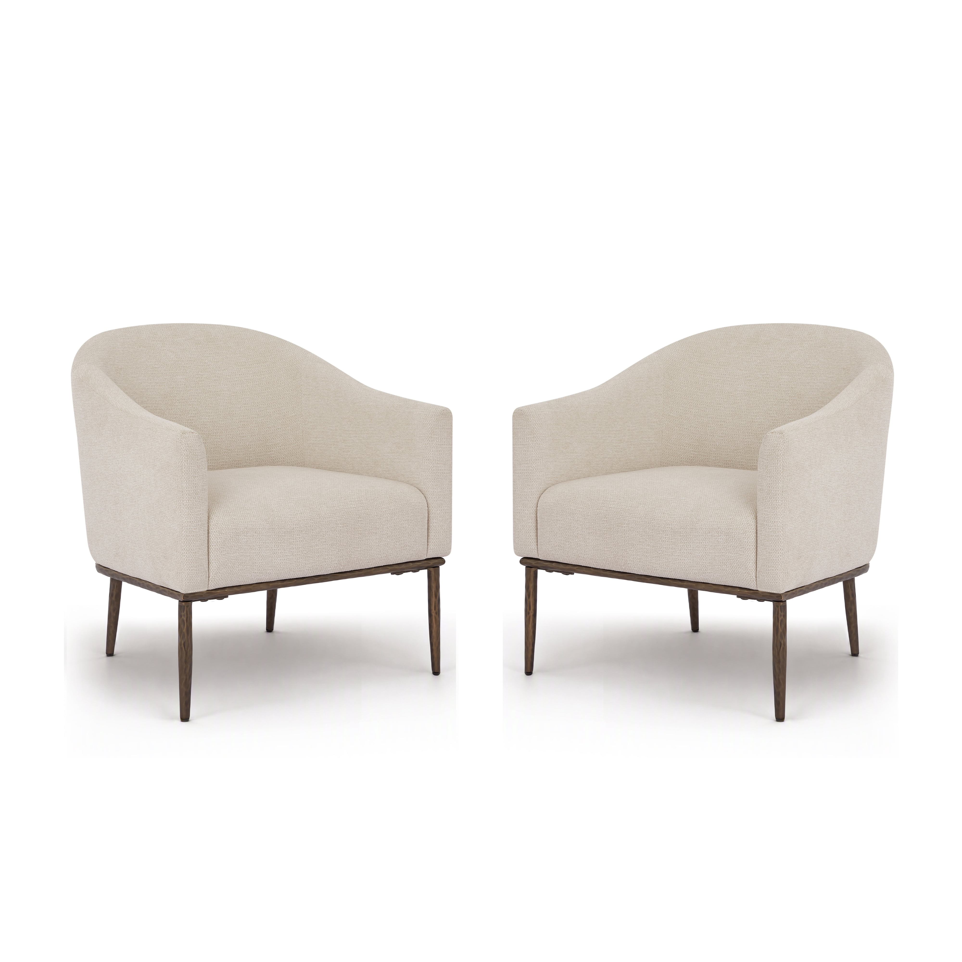 Euroco Modern Barrel Accent Chair Set of 2, Chenille Upholstered Armchair with Hammered-Texture Metal Base for Living Room,Ivory