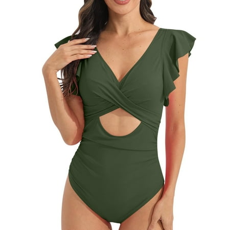 BSDJILFG 50% Clearance Off One-piece Bikini Sets for Women Cutout Short Ruffle Sleeve Deep V-neck Tummy High Waisted Thong Beachwear Swimwear Summer Clearance