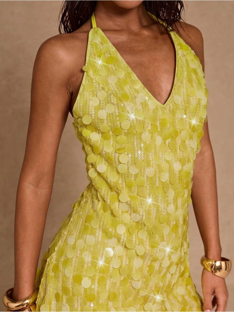 Light Yellow Sequin Halter Backless Mini Dress For Party Nightclub Cocktail Evening Wear